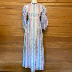 Vintage 1970s Lorrie Deb blue and purple flocked floral long sleeve dress
